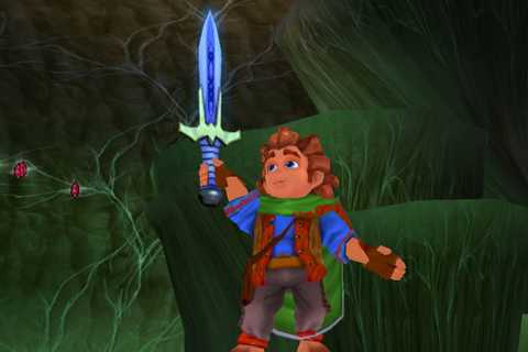 Bilbo Baggins holding up Sting in 2003's The Hobbit by Sierra