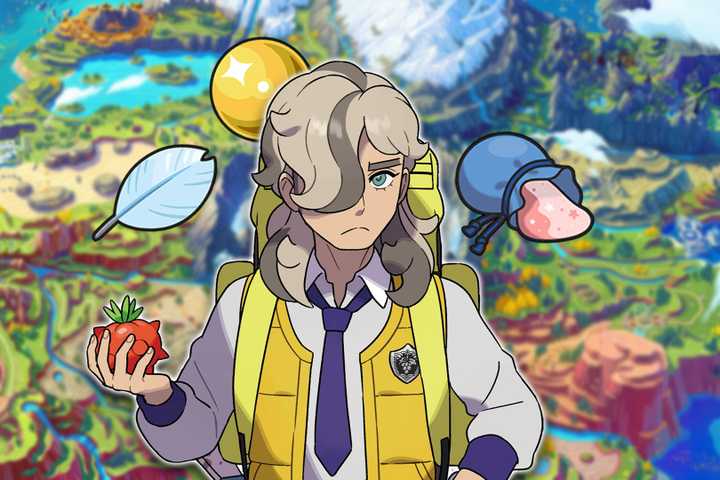 Arven holding a pokefruit surrounded by gold nugget, pretty feather, and stardust from Pokémon Scarlet and Violet
