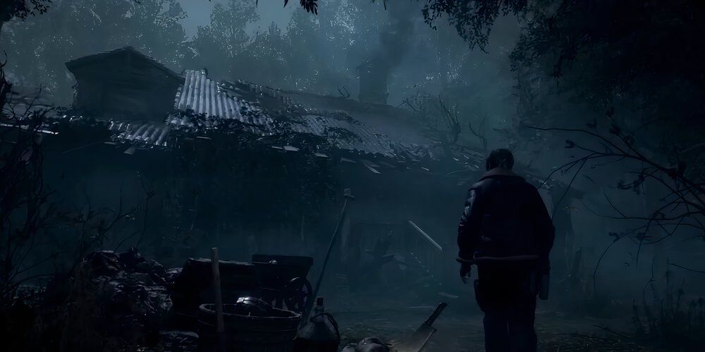Leon approaching a small cabin in the woods