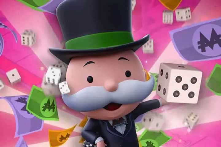 The Monopoly mascot surrounded by dice and cash