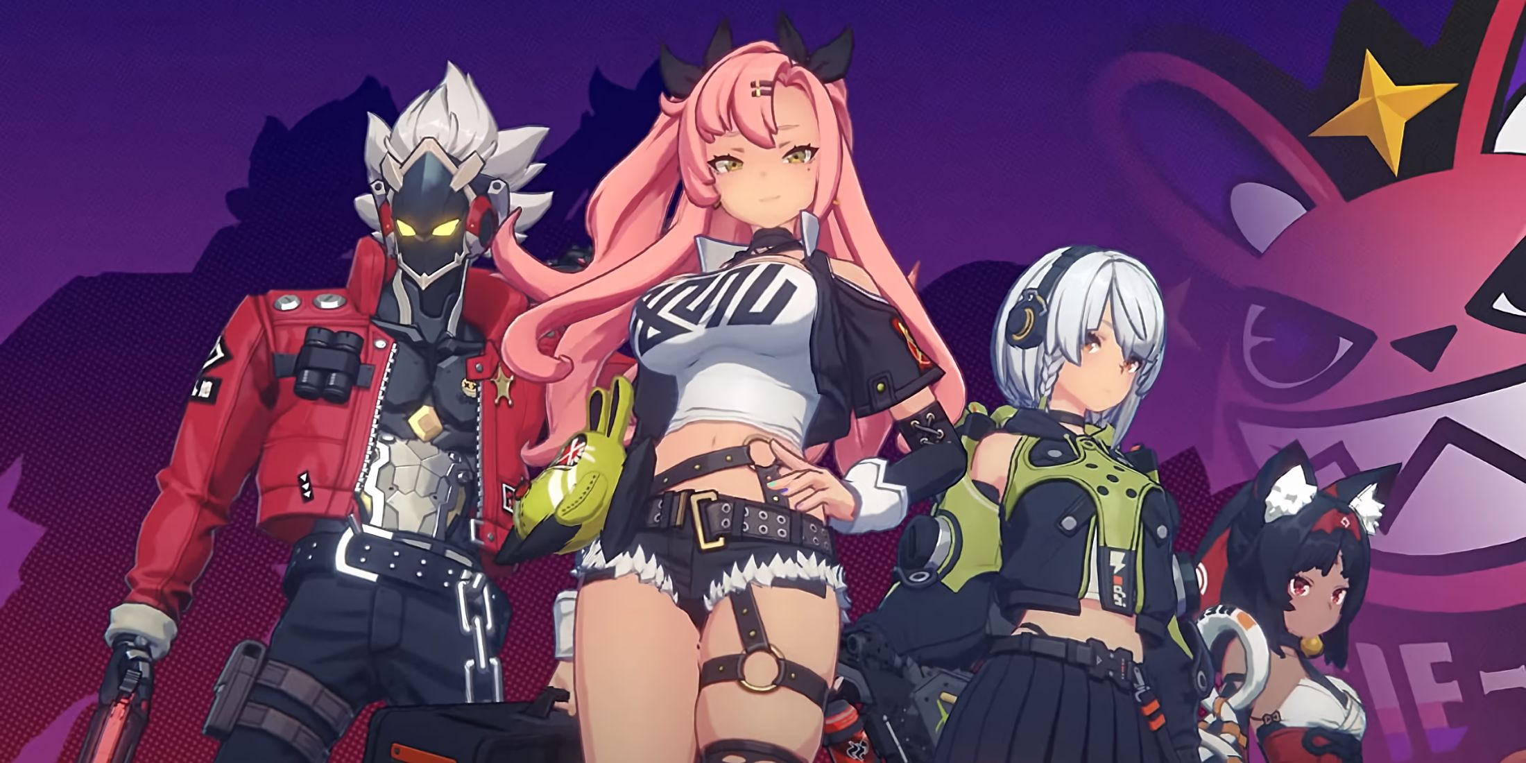 A promotional visual for Zenless Zone Zero's Cunning Hares, showing Billy, Nicole, Anby, and Nekomata.