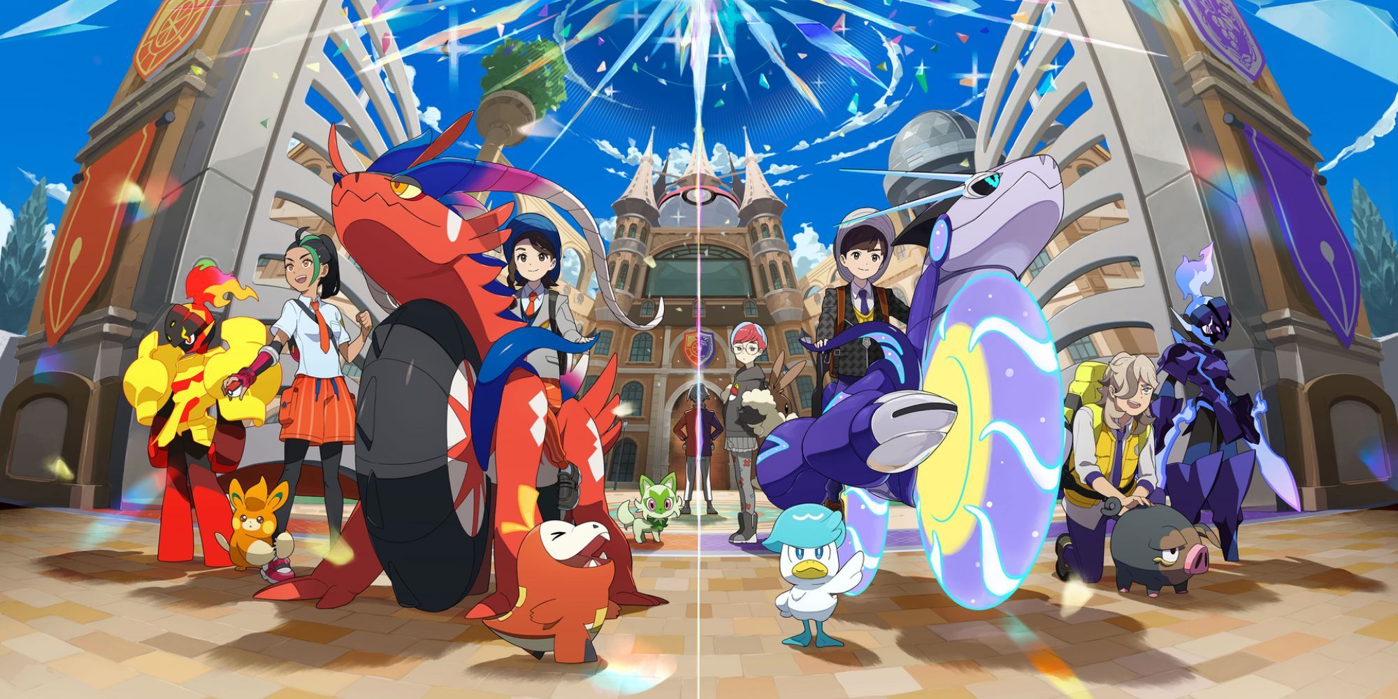 Promotional art of Scarlet and Violet, featuring many trainers and Pokemon.