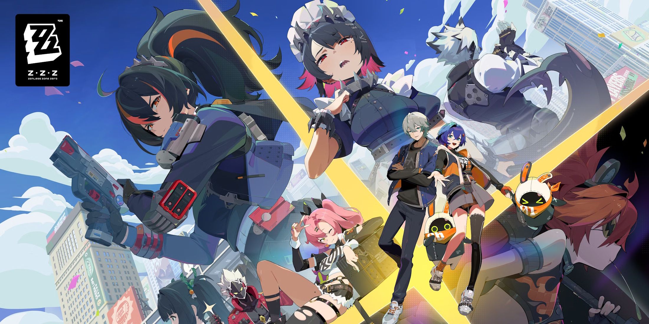 A key visual for Zenless Zone Zero's Version 1.0 showing Zhu Yuan and Ellen.
