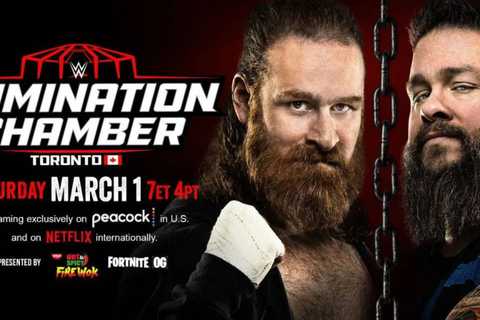 A promotional image for WWE Elimination Chamber, showing Sami Zayn and Kevin Owens