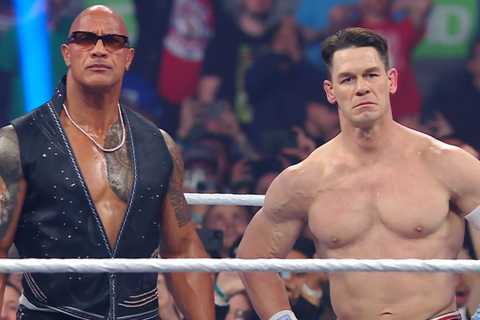The Rock and John Cena standing side-by-side at WWE Elimination Chamber 2025