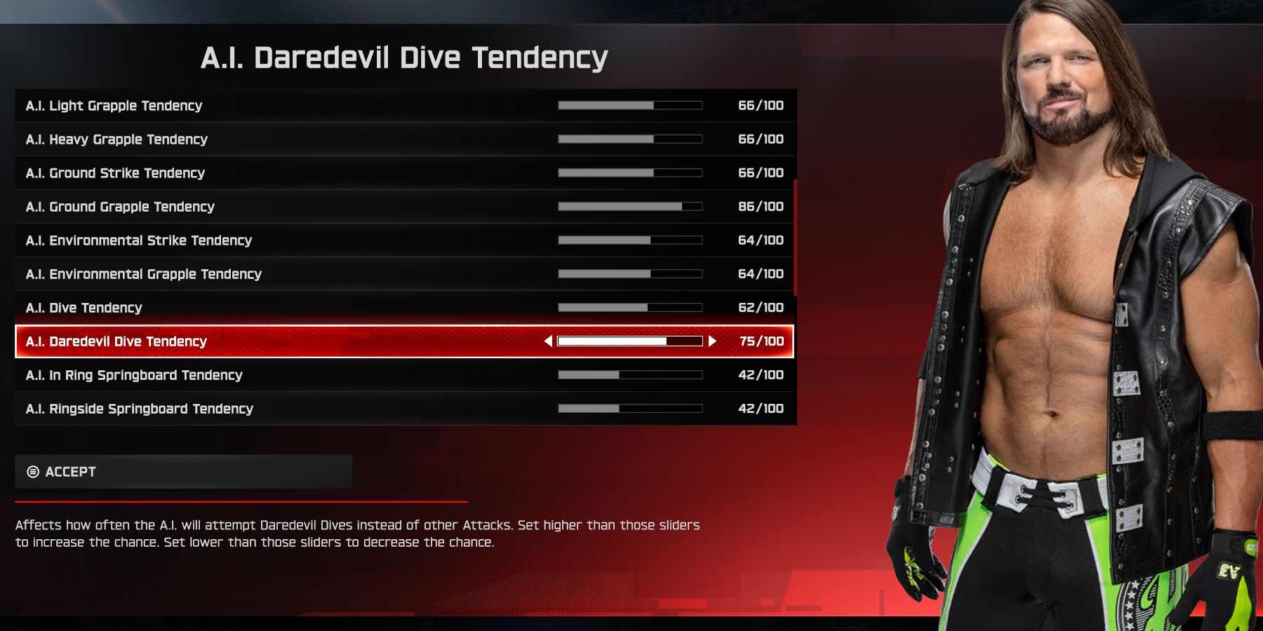 WWE 2K25 custom AI move tendency settings for bottom for AJ Styles