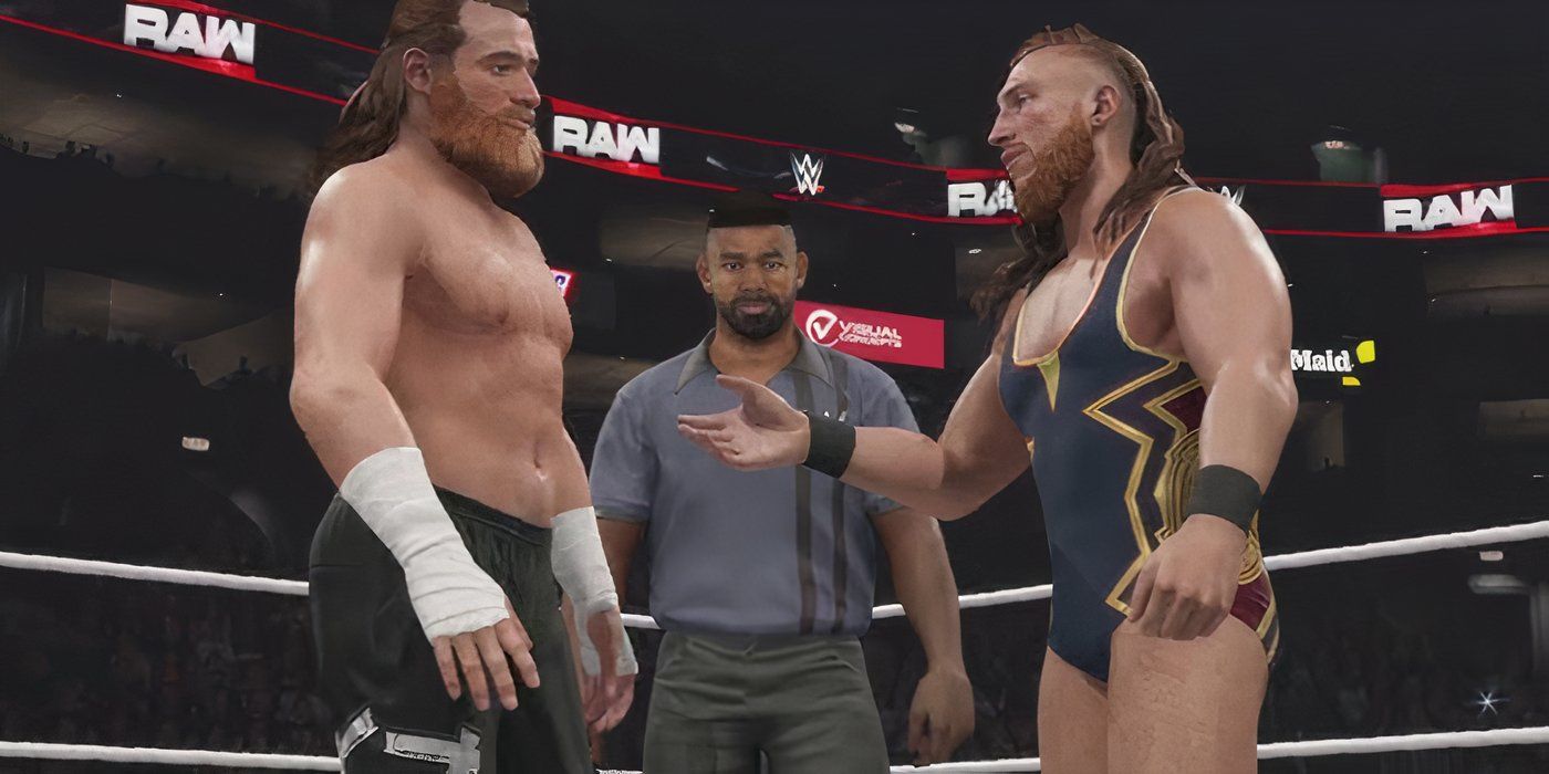 WWE 2K25 Sami Zayn vs. Pete Dunne pre-match handshake