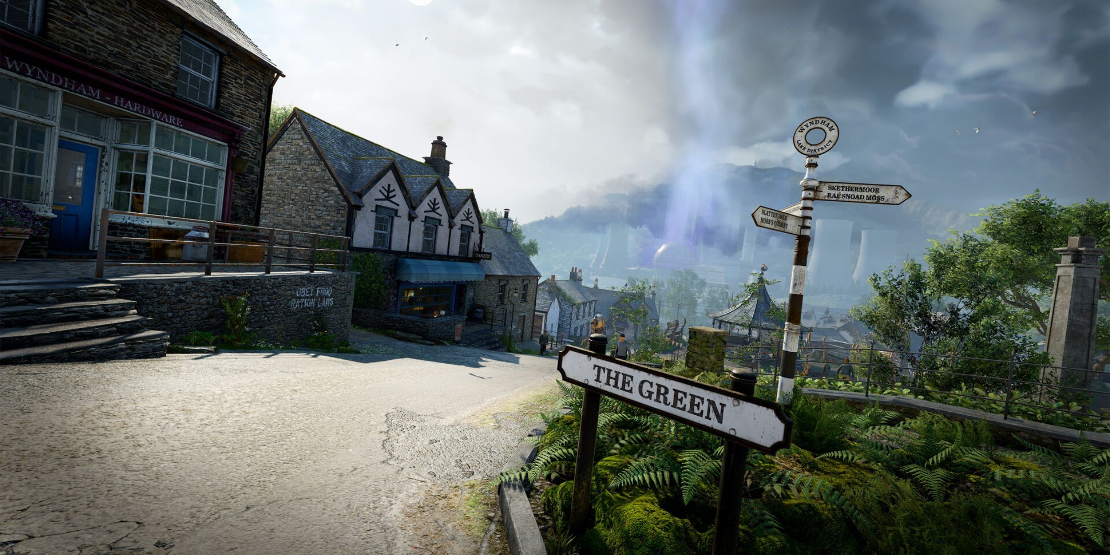 A serene village view in Atomfall with a view of the Sellafield power plant in the background