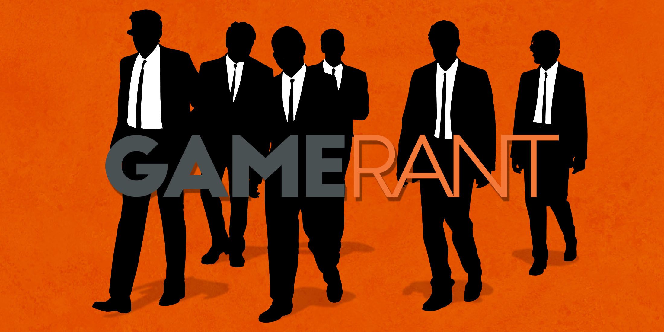 A Reservoir Dogs style silhouette of five people in suits walking across an orange background