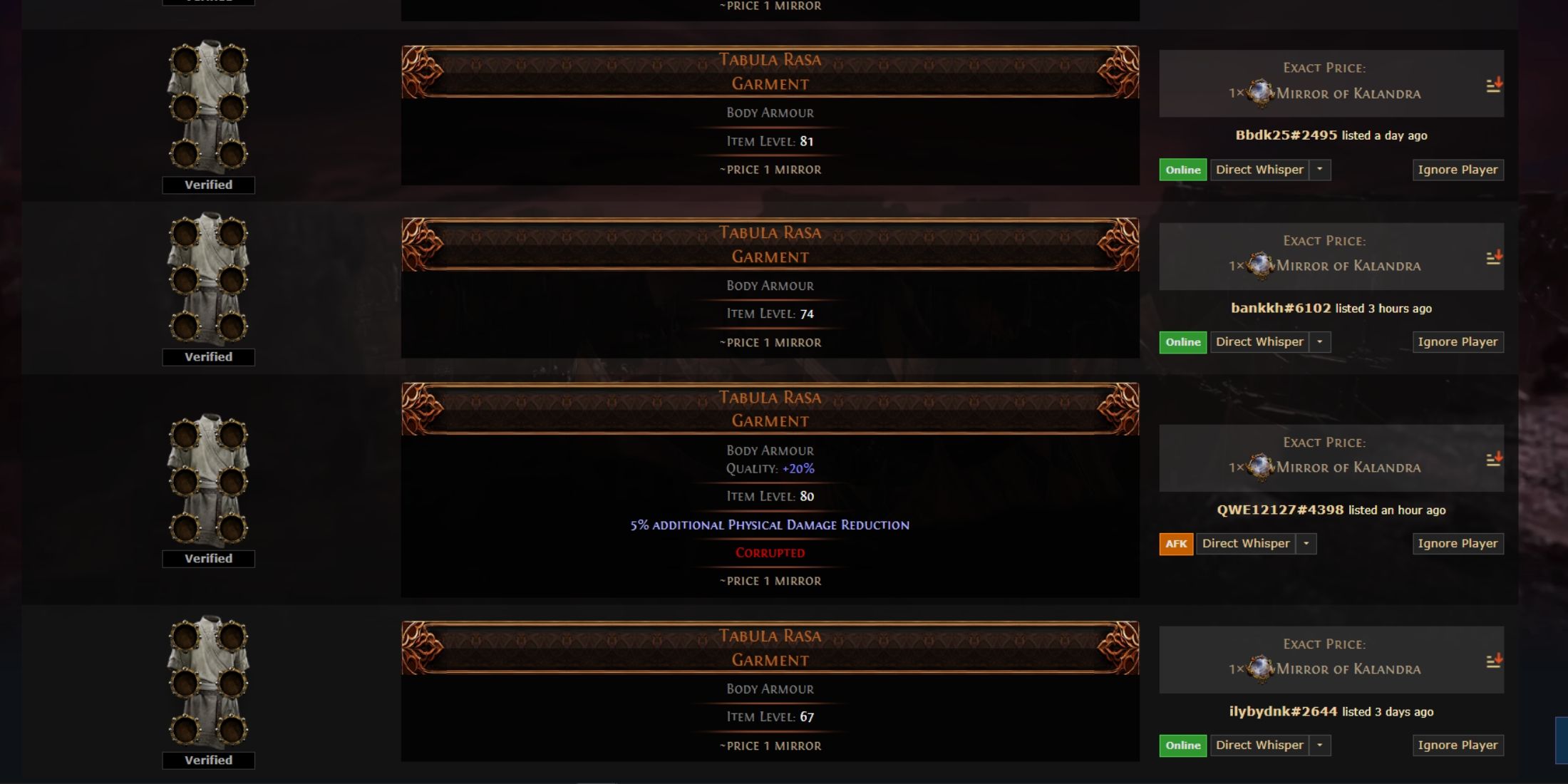 trade site with tabula rasa listings for path of exile 2
