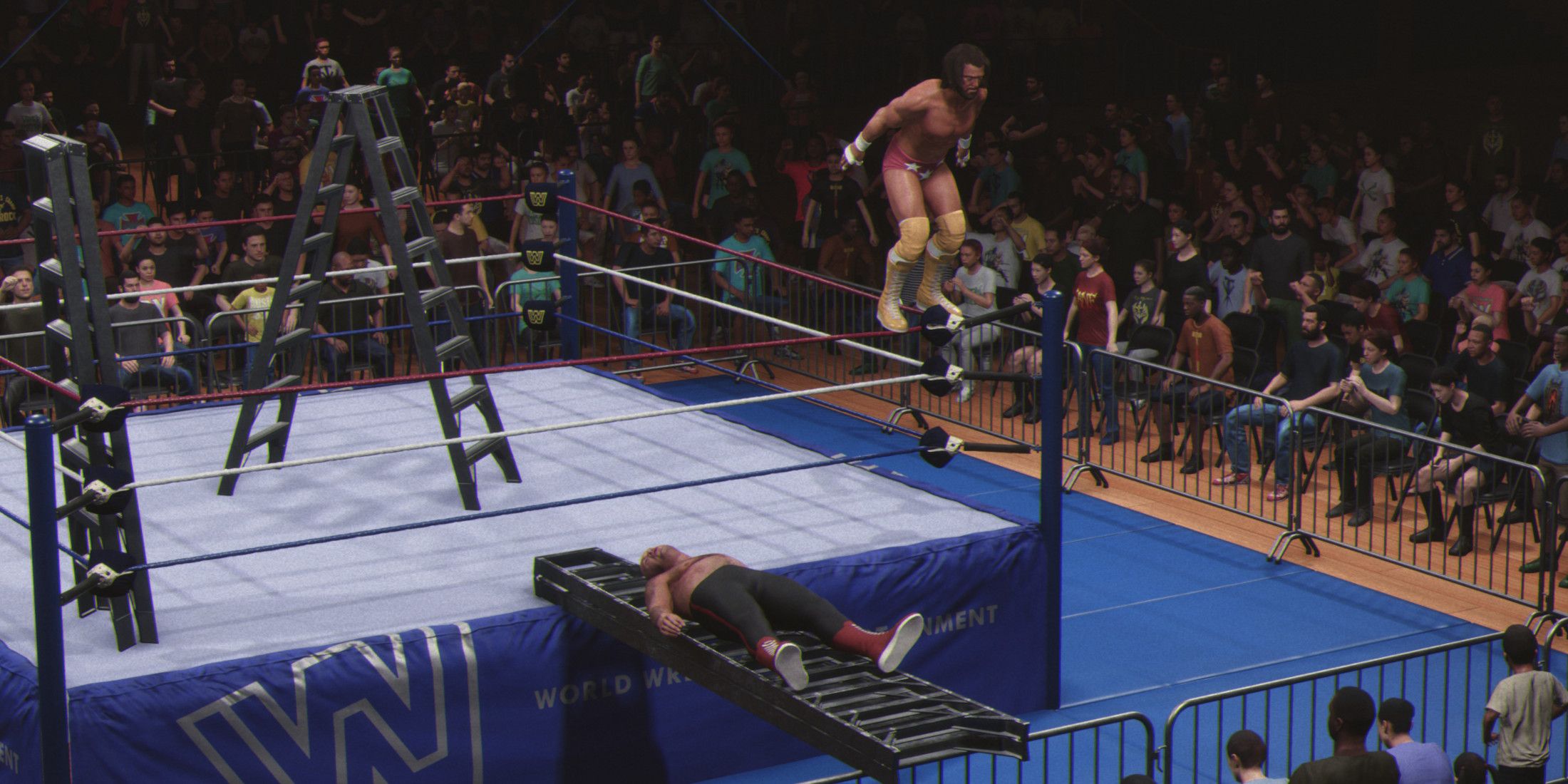 WWE 2K25 Macho Man dives at George Steele on the bridged ladder