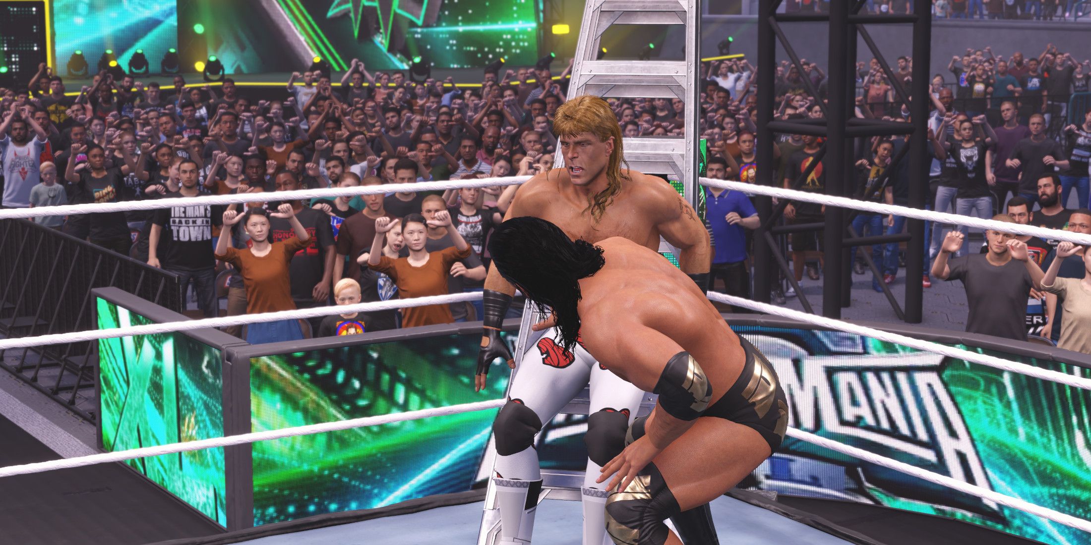WWE 2K25 Razor attacking a cornered Shawn with the ladder