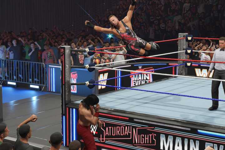 WWE 2K25 RVD Diving attack to the outside