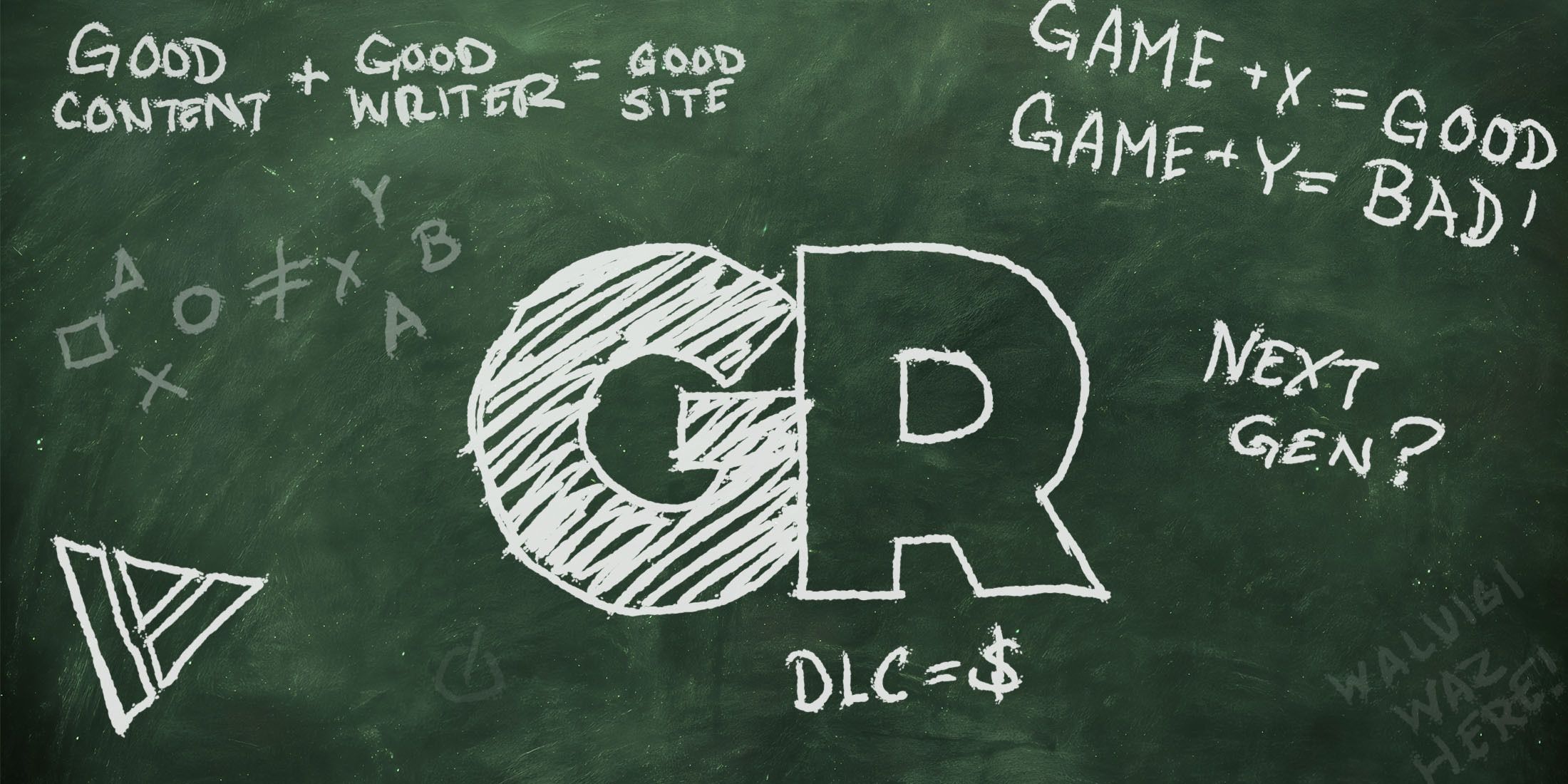 Green chalkboard with GR logo on it