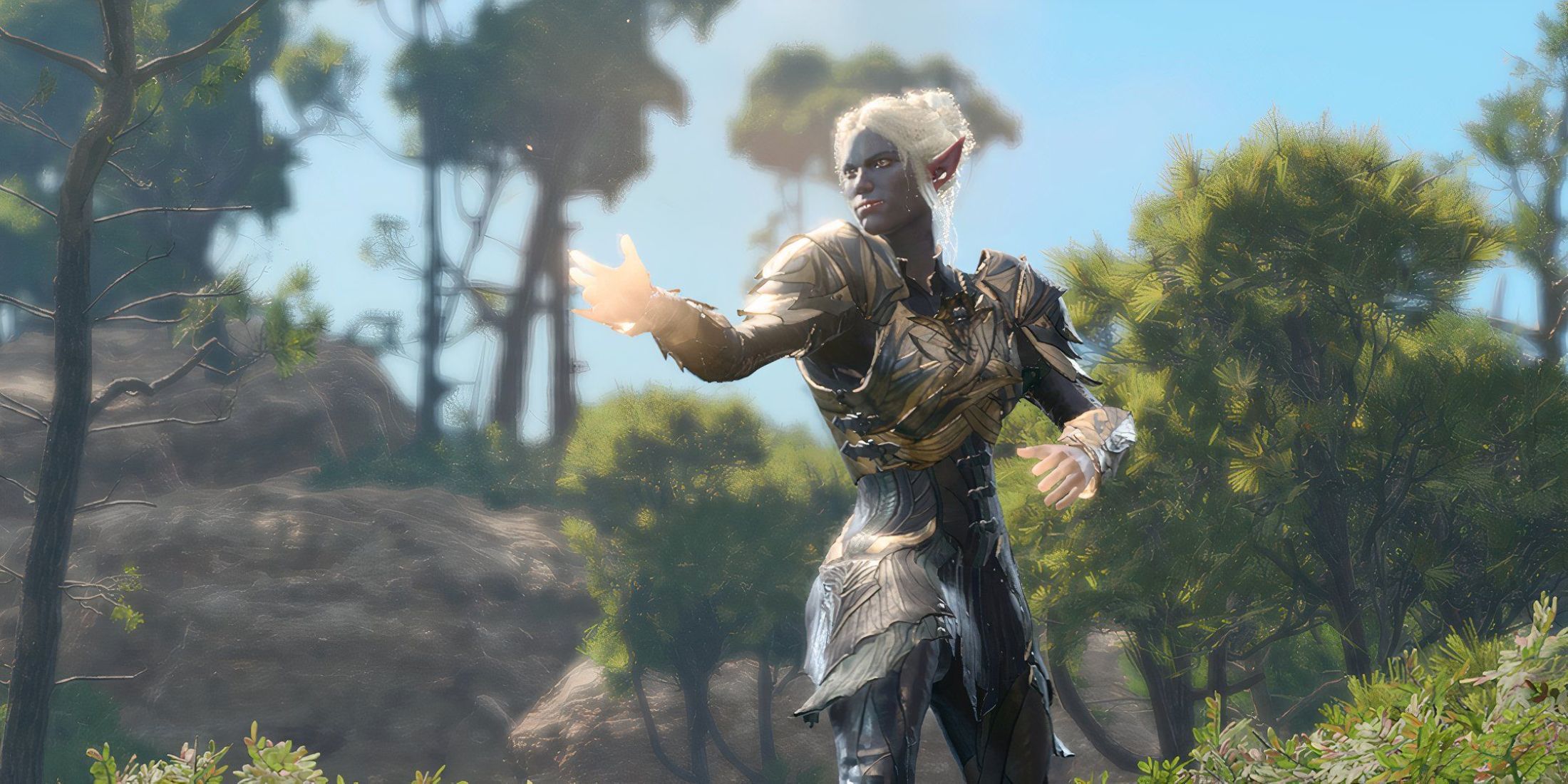 Minthara casting a spell with trees and hills in the background