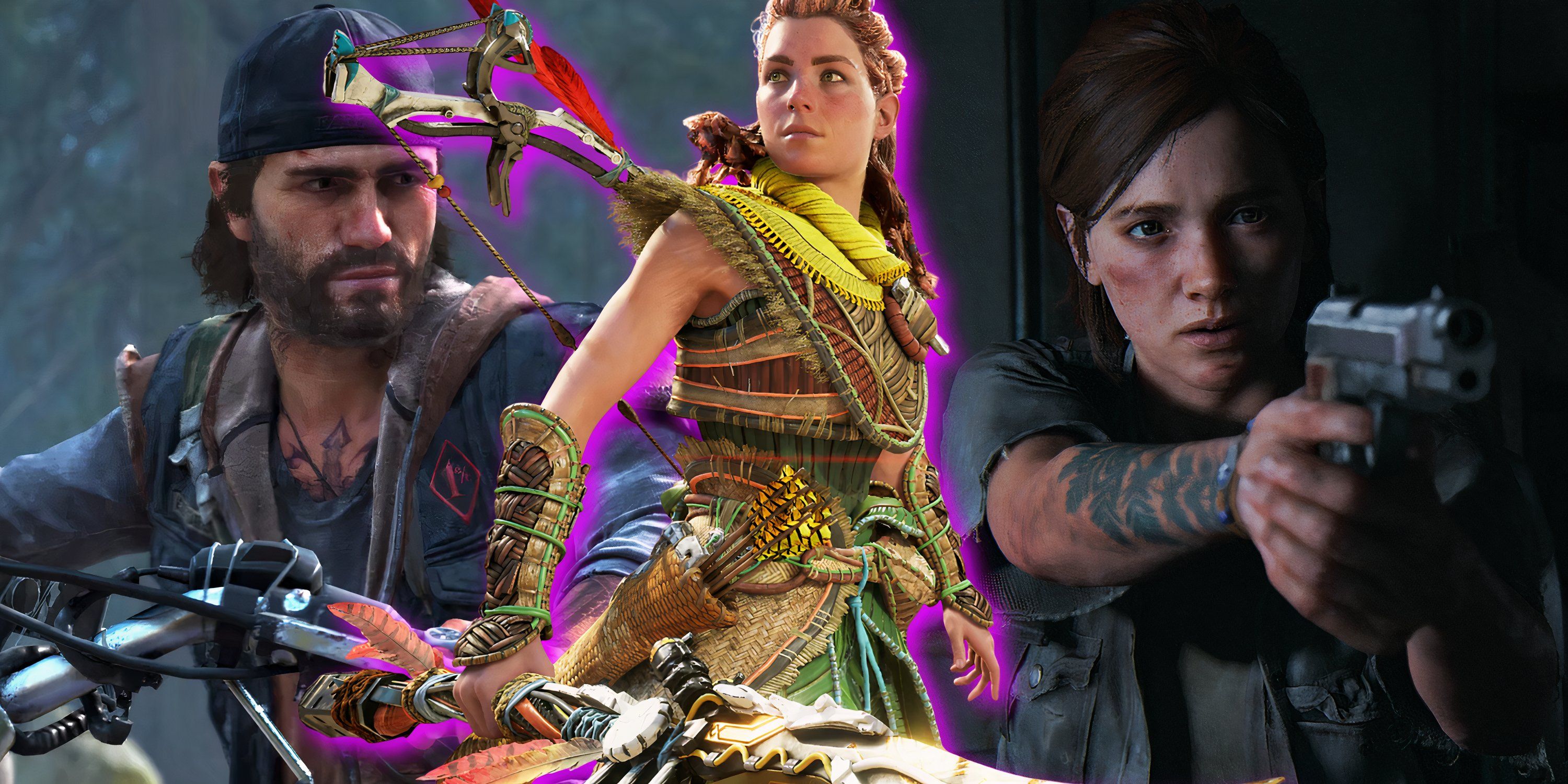 Split image of Days Gone, Horizon Forbidden West, and The Last Of Us Part 2