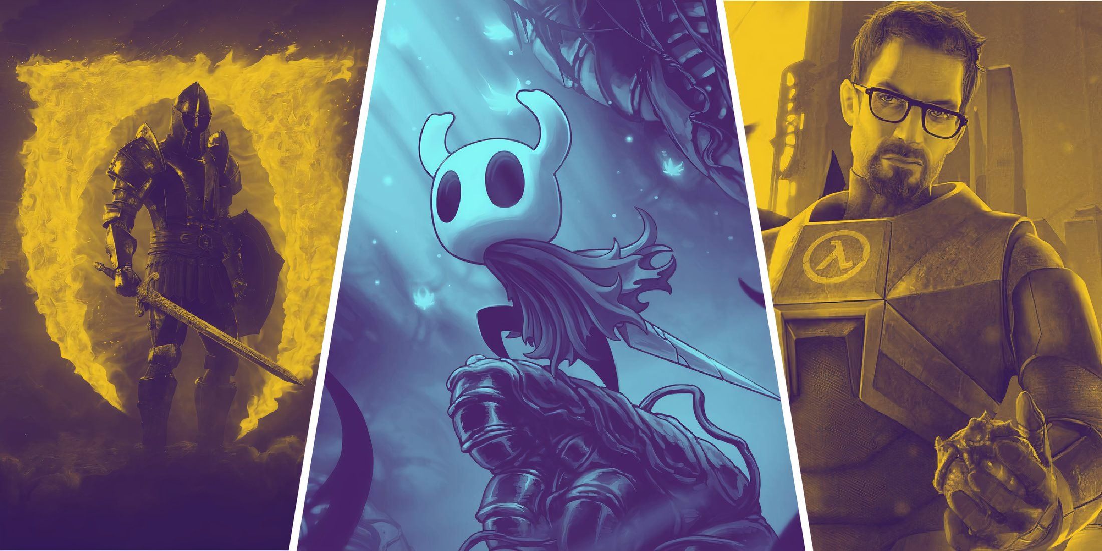 Oblivion Remastered Game Cover, Hollow Knight Game Cover, and Half Life 2 Game Cover in three panels