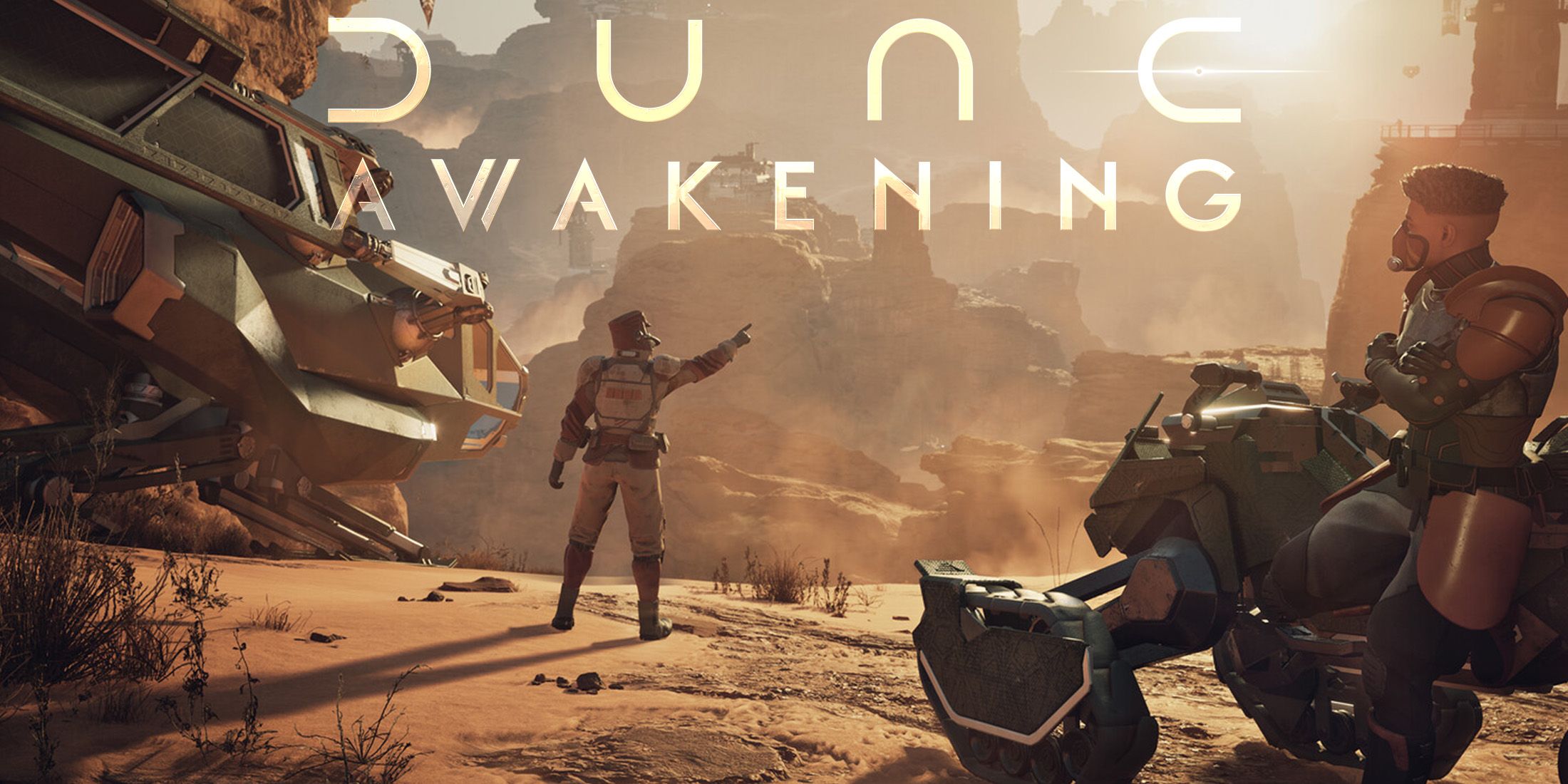 Dune Awakening character pointing in Arrakis desert below game logo 2x1 composite