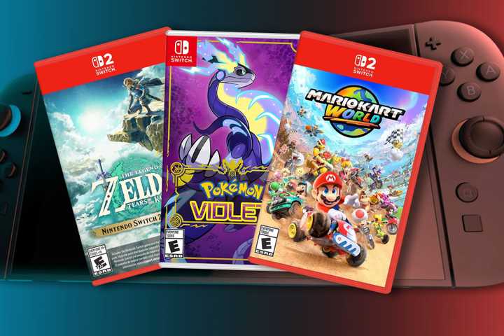 Nintendo Switch 2 with Tears of the Kingdom Pokemon Violet and Mario Kart World Box Arts