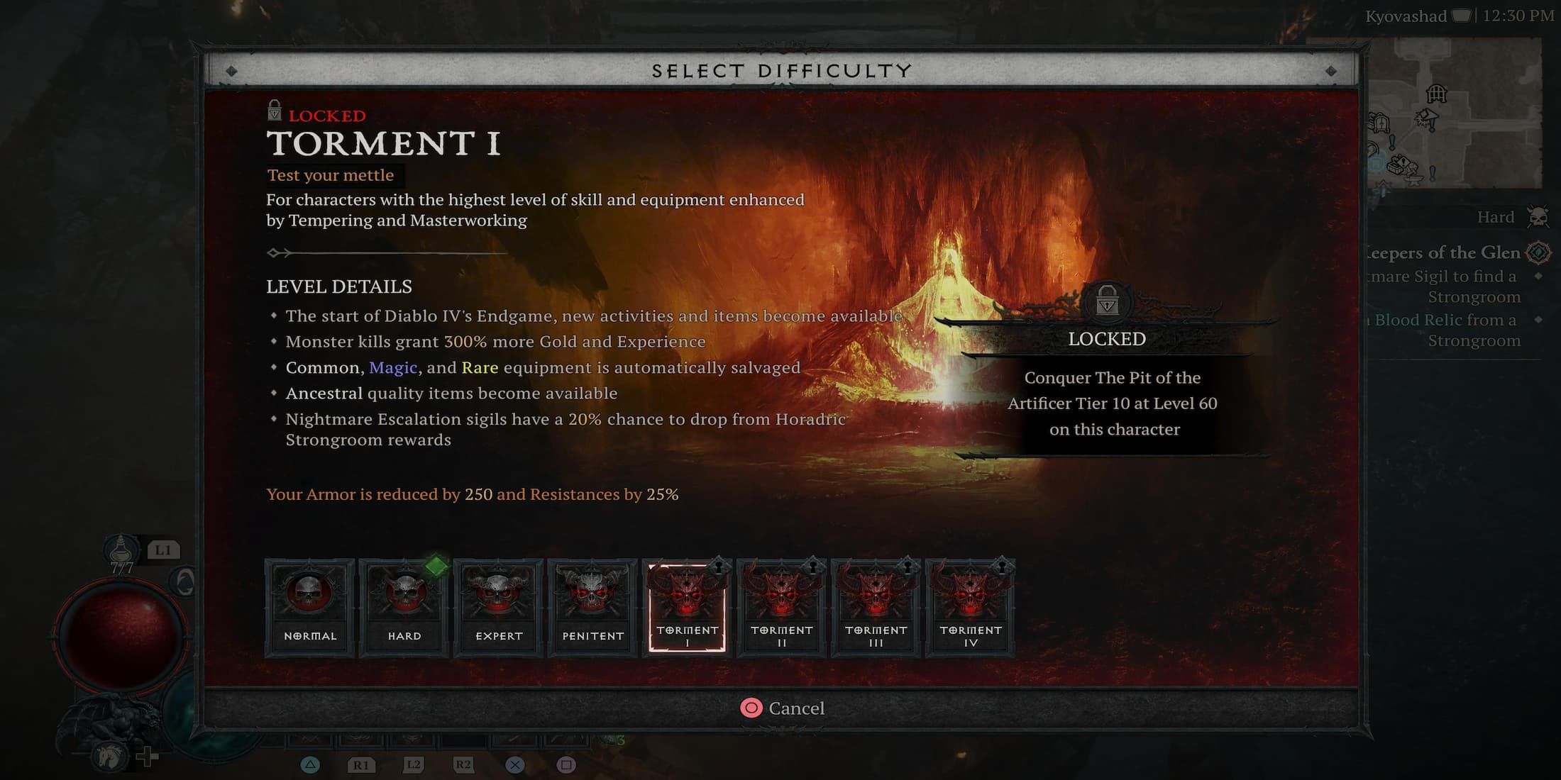 The Torment Difficulty in the Menu