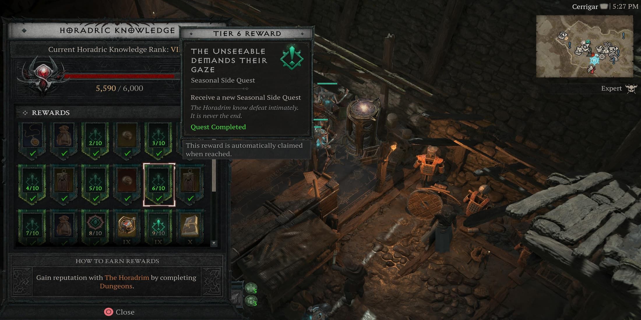 A Completed Seasonal Quest in The Horadric Focus Menu