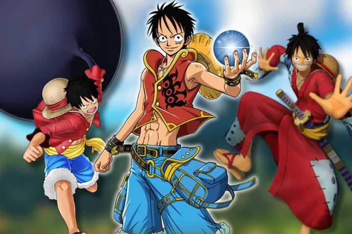 A collage of Luffy renders from various One Piece games: One Piece: World Seeker, One Piece: Unlimited Adventure and One Piece: Pirate Warriors 4.