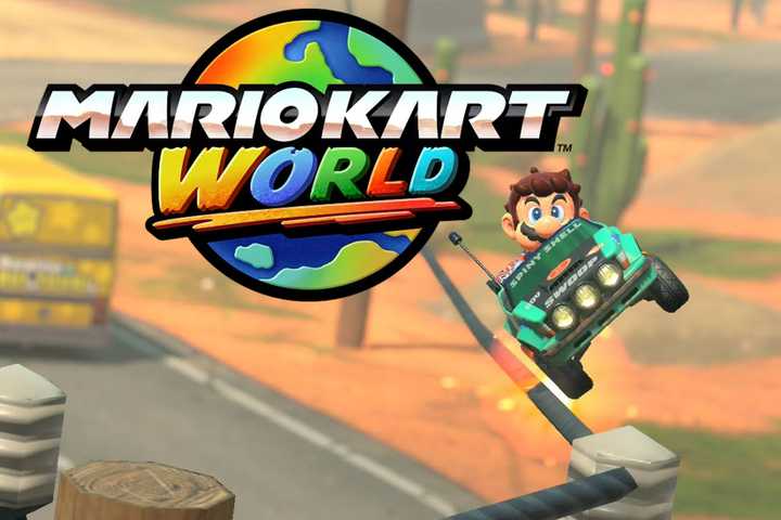 Mario Kart World logo with Mario driving on power line