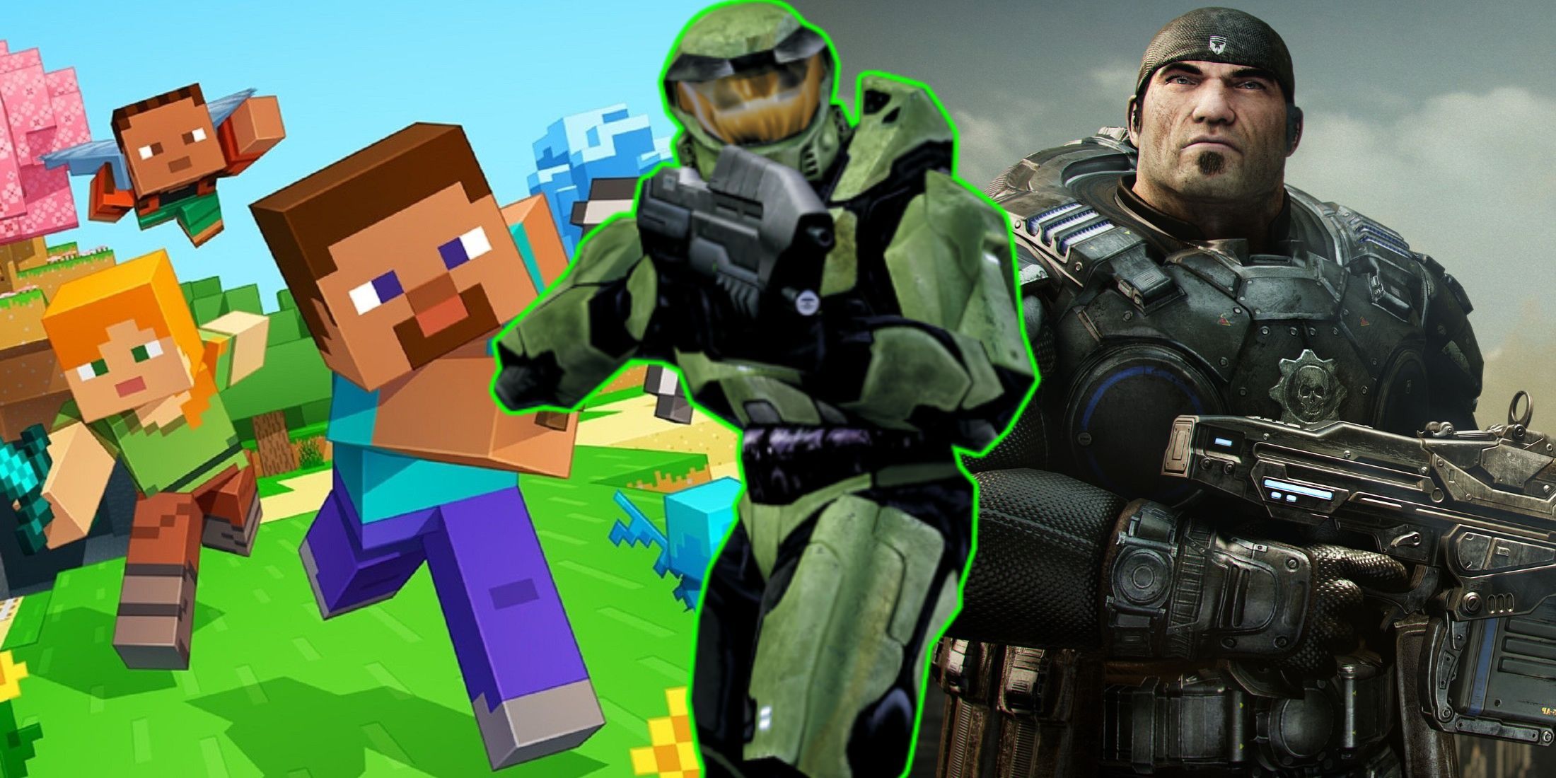 A collage of three games that are very important for the Xbox brand: Minecraft, Halo: Combat Evolved and Gears of War.