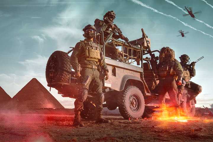Battlefield 6 artwork soldier squad next to jeep