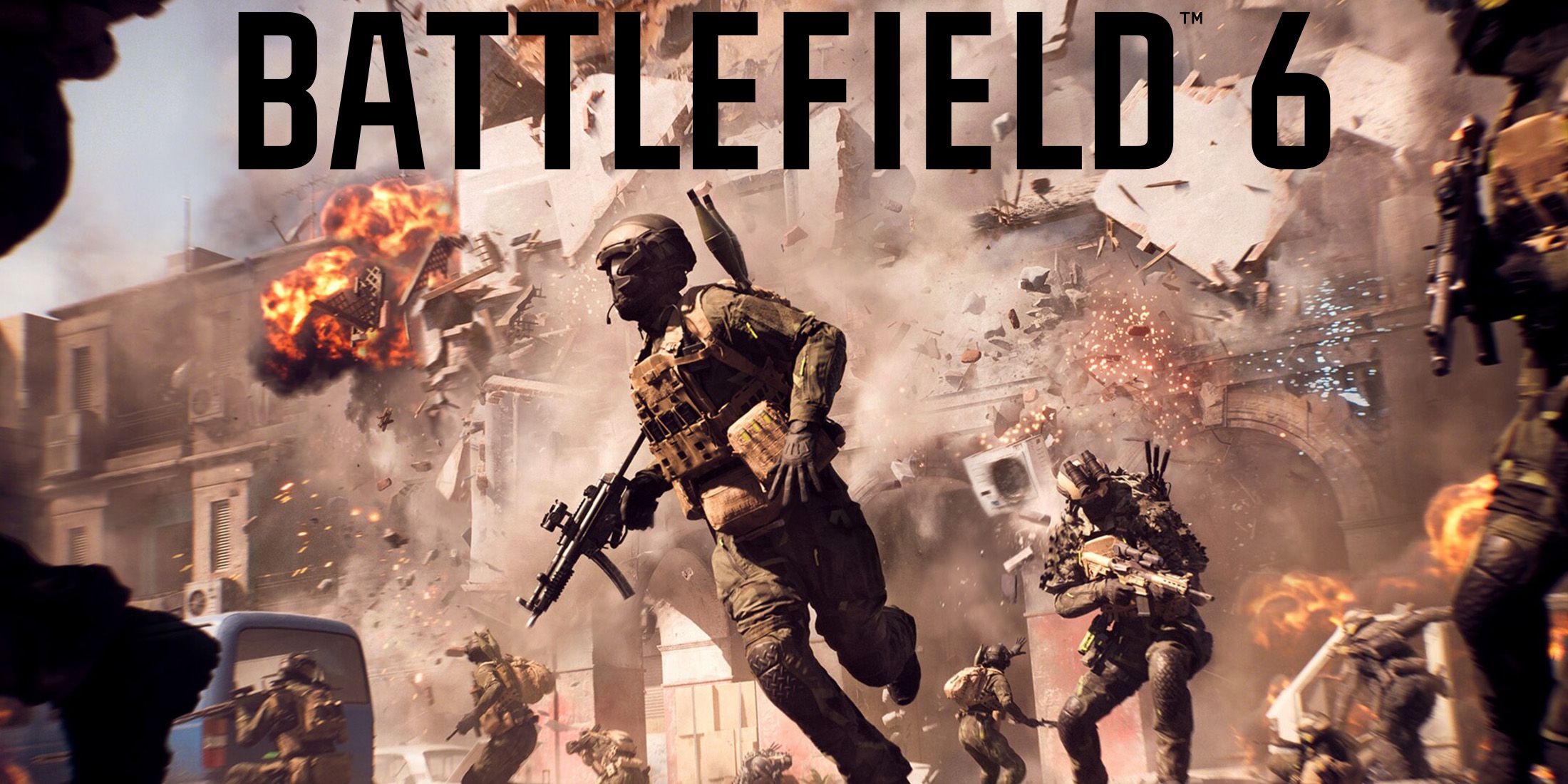 Battlefield 6 explosion key art with black game logo 2x1 composite