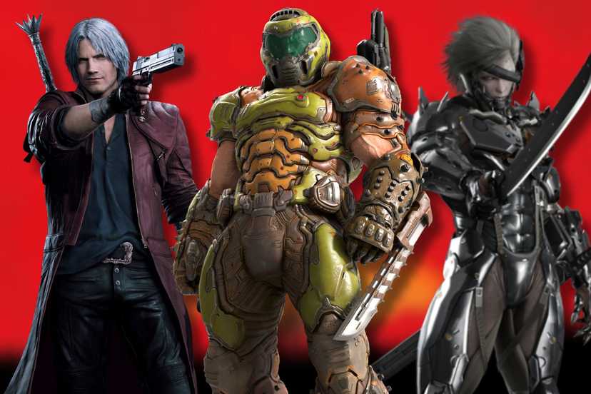 A collage of characters from games that make the player feel like a boss: Dante from Devil May Cry 5, Doom Slayer from Doom and Raiden from Metal Gear Rising: Revengeance.