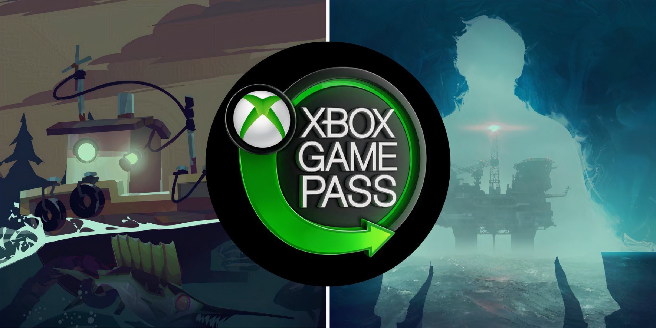 Dredge and Still Wakes the Deep game covers behind Xbox Game Pass logo
