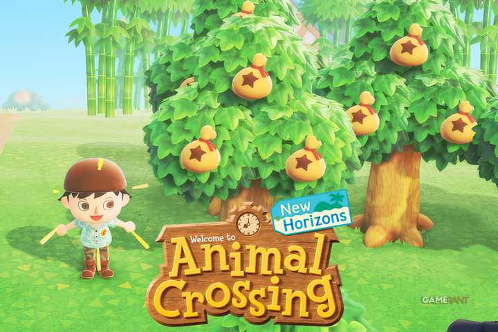 Animal Crossing New Horizons money trees with game logo
