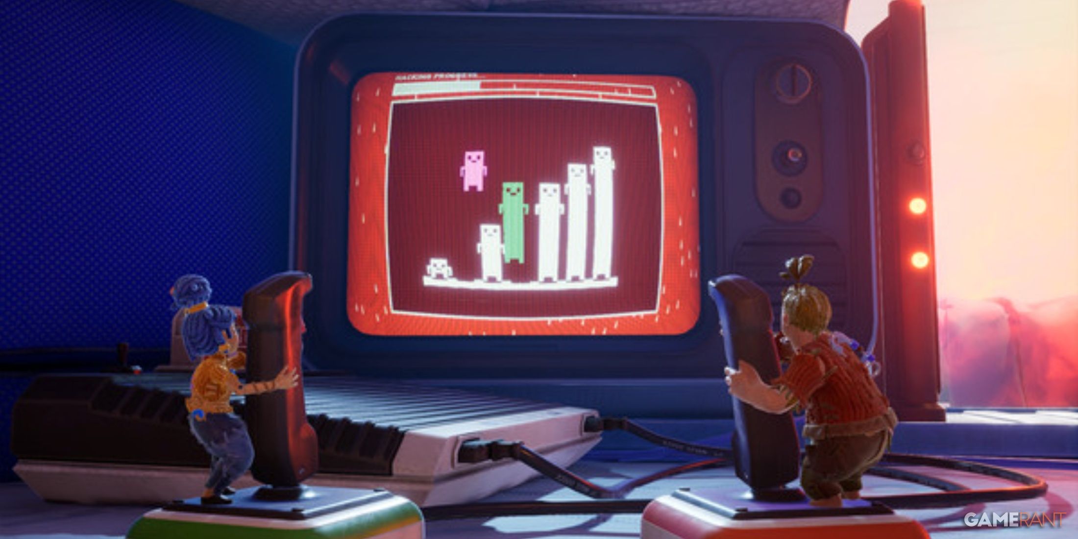 the two characters from the video game It Takes Two are working together as a team to pass an game level.