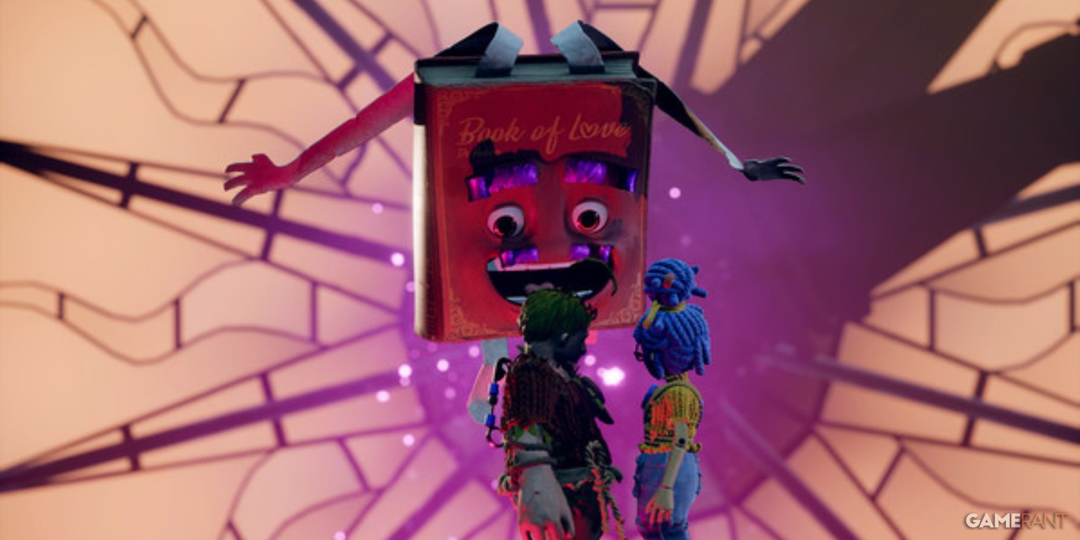 the two main characters from the video game It Takes Two are talking with the Book, another fictional character from the game.