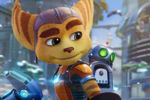 an animated mechanical scene from the video game Ratchet & Clank: Rift Apart. This family-friendly game shows the main character with a proud look on his face.