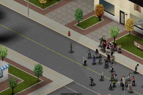 Streets filled with a zombie horde approaching the Riverside Suites in Project Zomboid