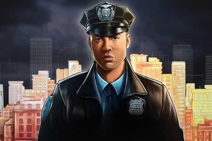 The Precinct game protagonist character artwork in front of cityscape in a thunderstorm 2x1 composite