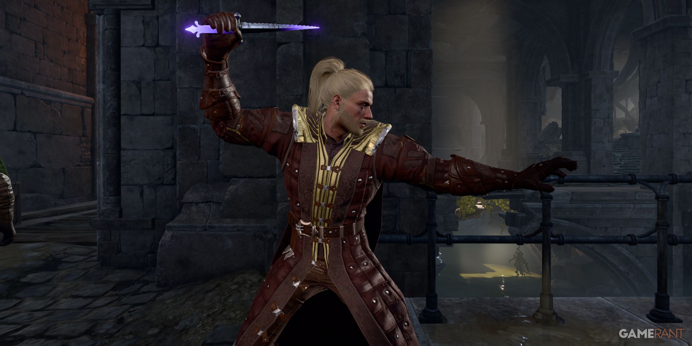 Tav striking with a glowing blade in a Patch 8 multiclass build of Swashbuckler and Hexblade in Baldur's Gate 3