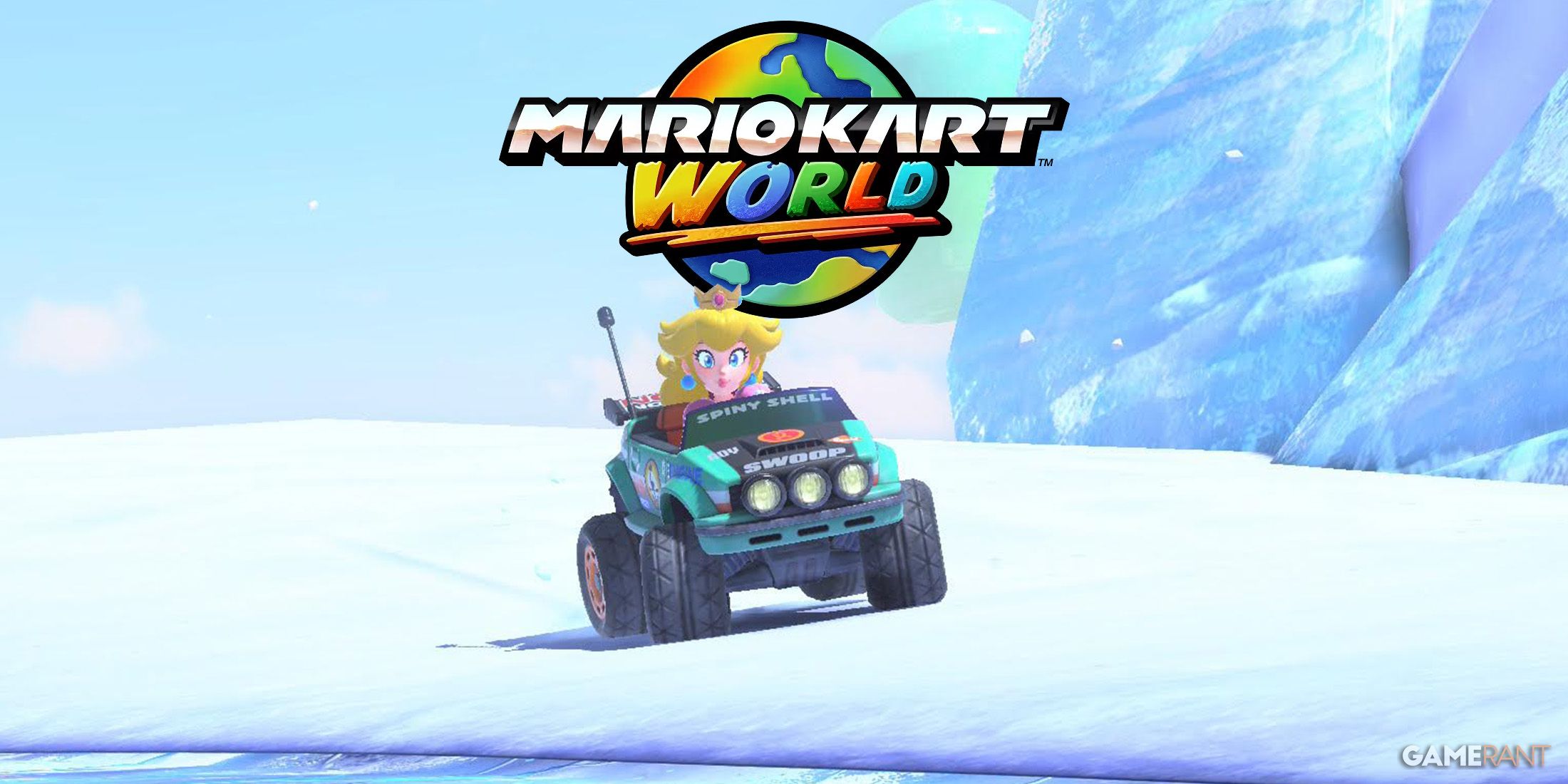 Mario Kart World logo behind Princess Peach driving teal car