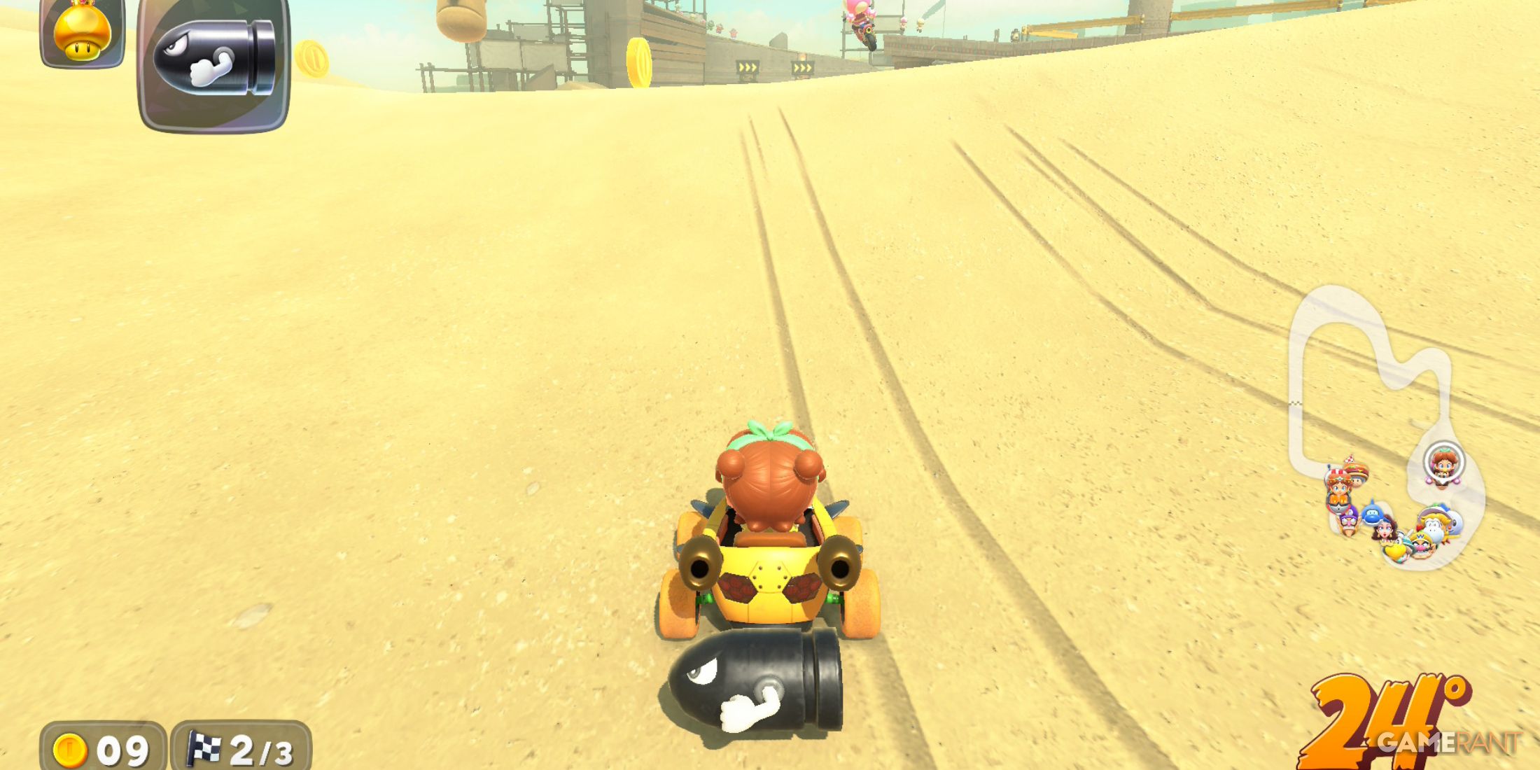 Using Bullet Bill from the back, Baby Peach advances fast with sandbagging tactics in Mario Kart World