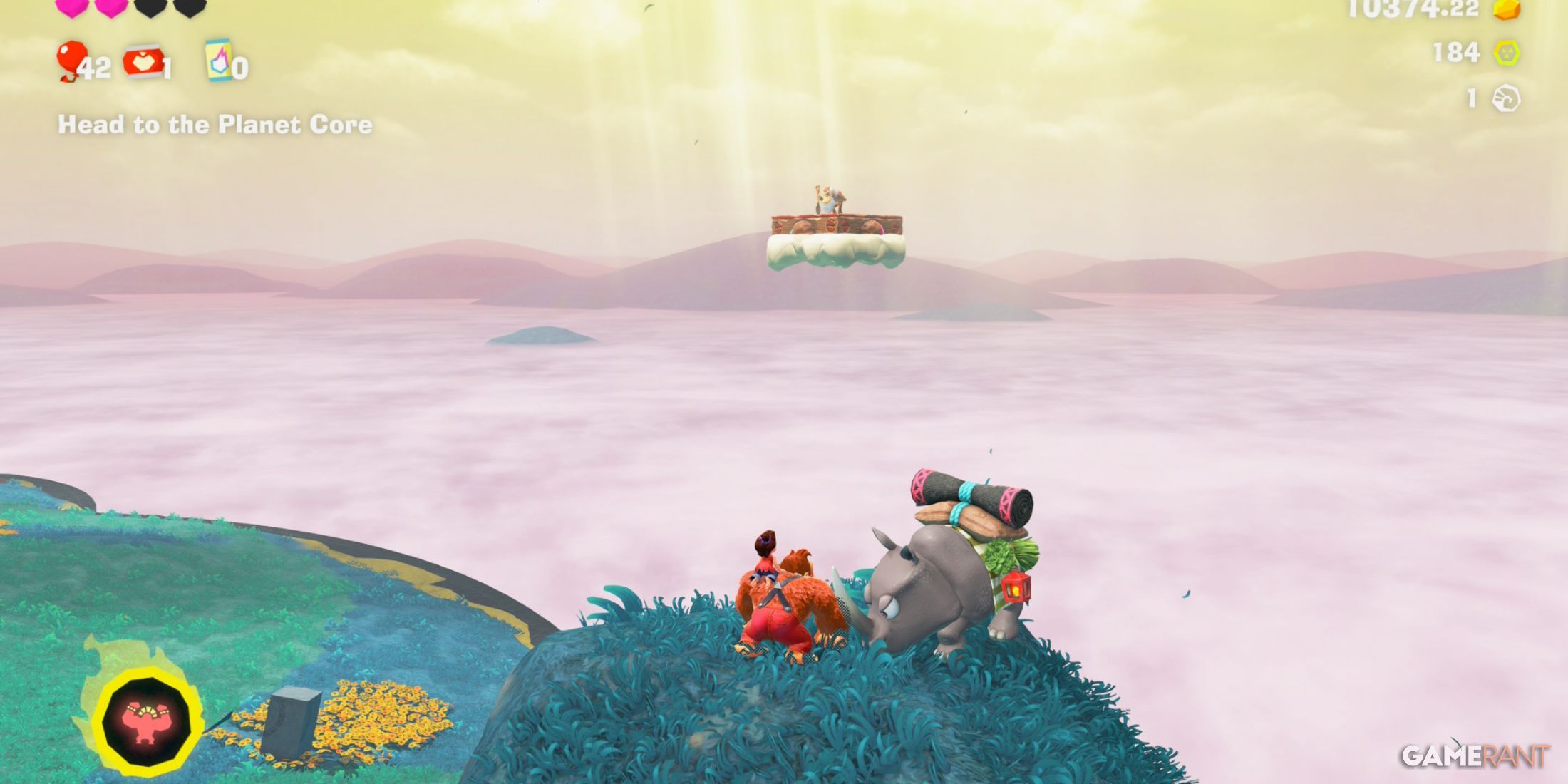 Cranky Kong appears on a floating cloud platform above the pink mist in Donkey Kong Bananza