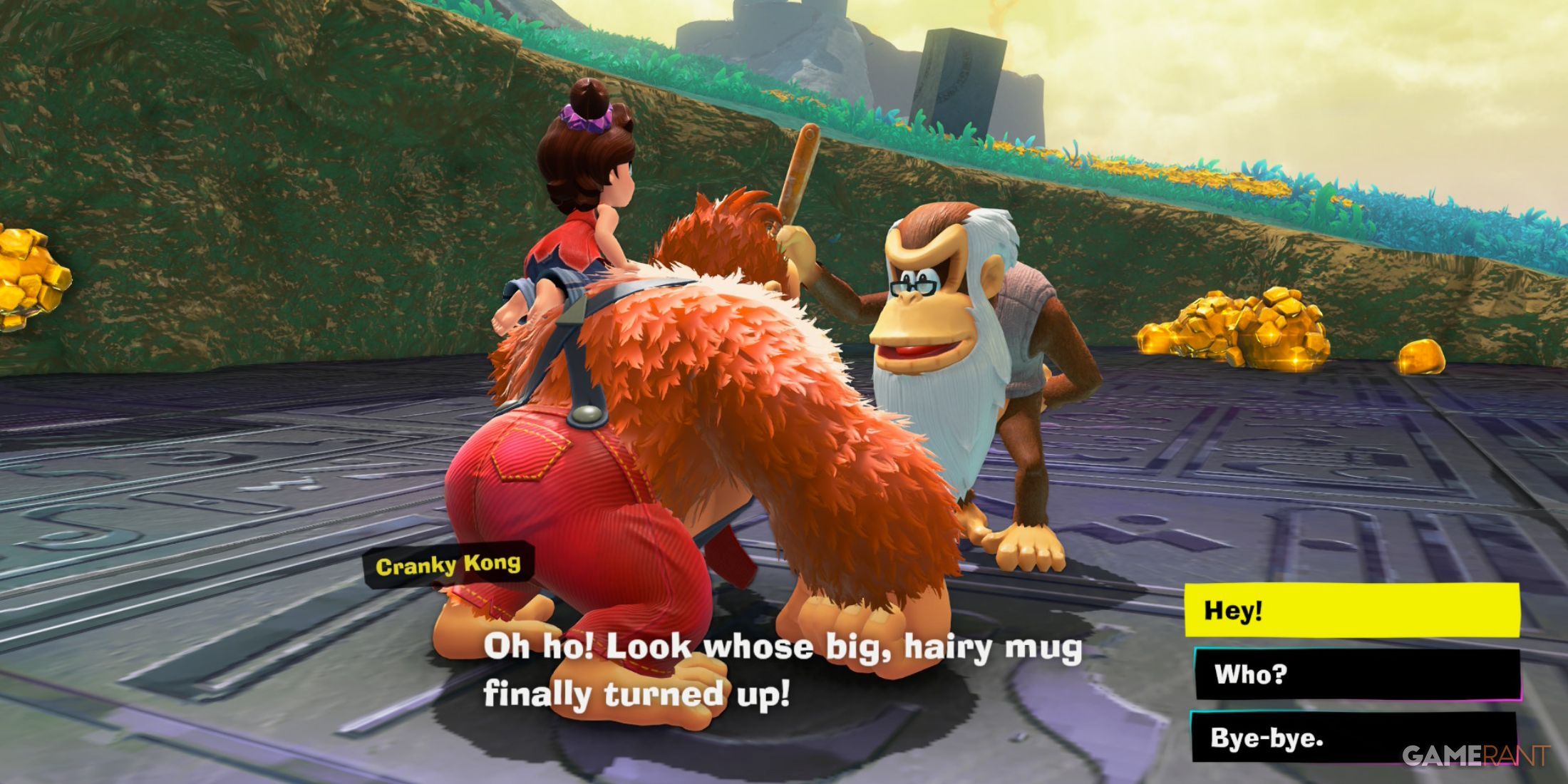 Cranky Kong mocks DK and Pauline with sarcastic dialogue in Donkey Kong Bananza