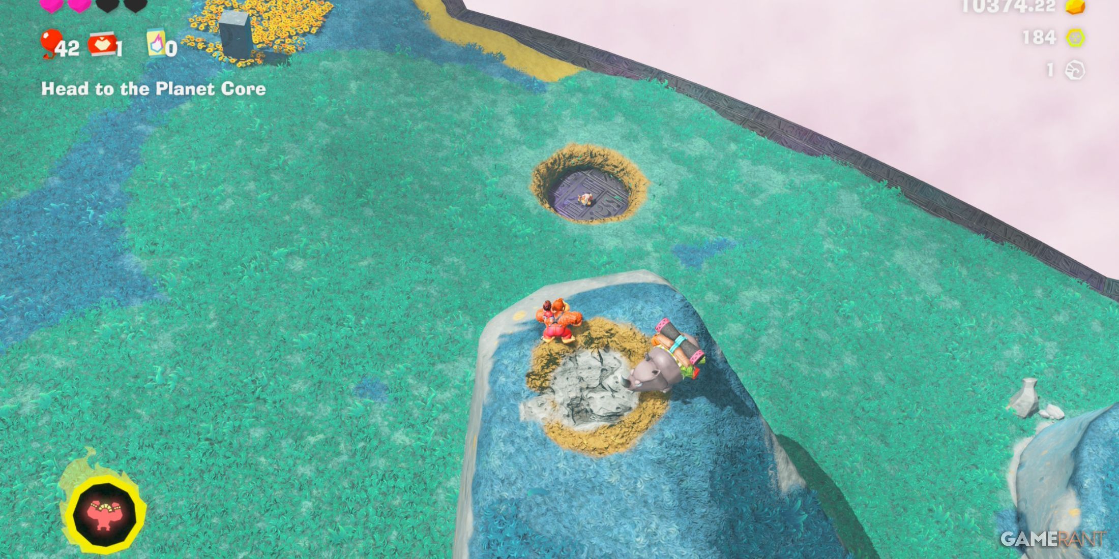 Cranky Kong stands beside Rambi after players drop him from a platform in Donkey Kong Bananza