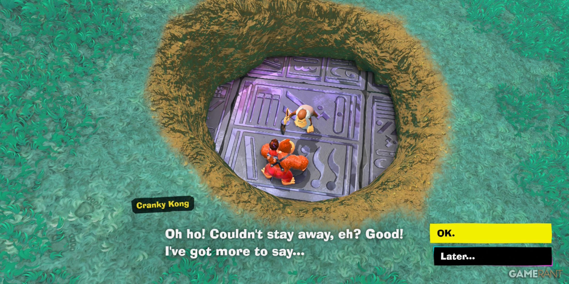 Cranky Kong talks from inside a crater while DK and Pauline listen in Donkey Kong Bananza