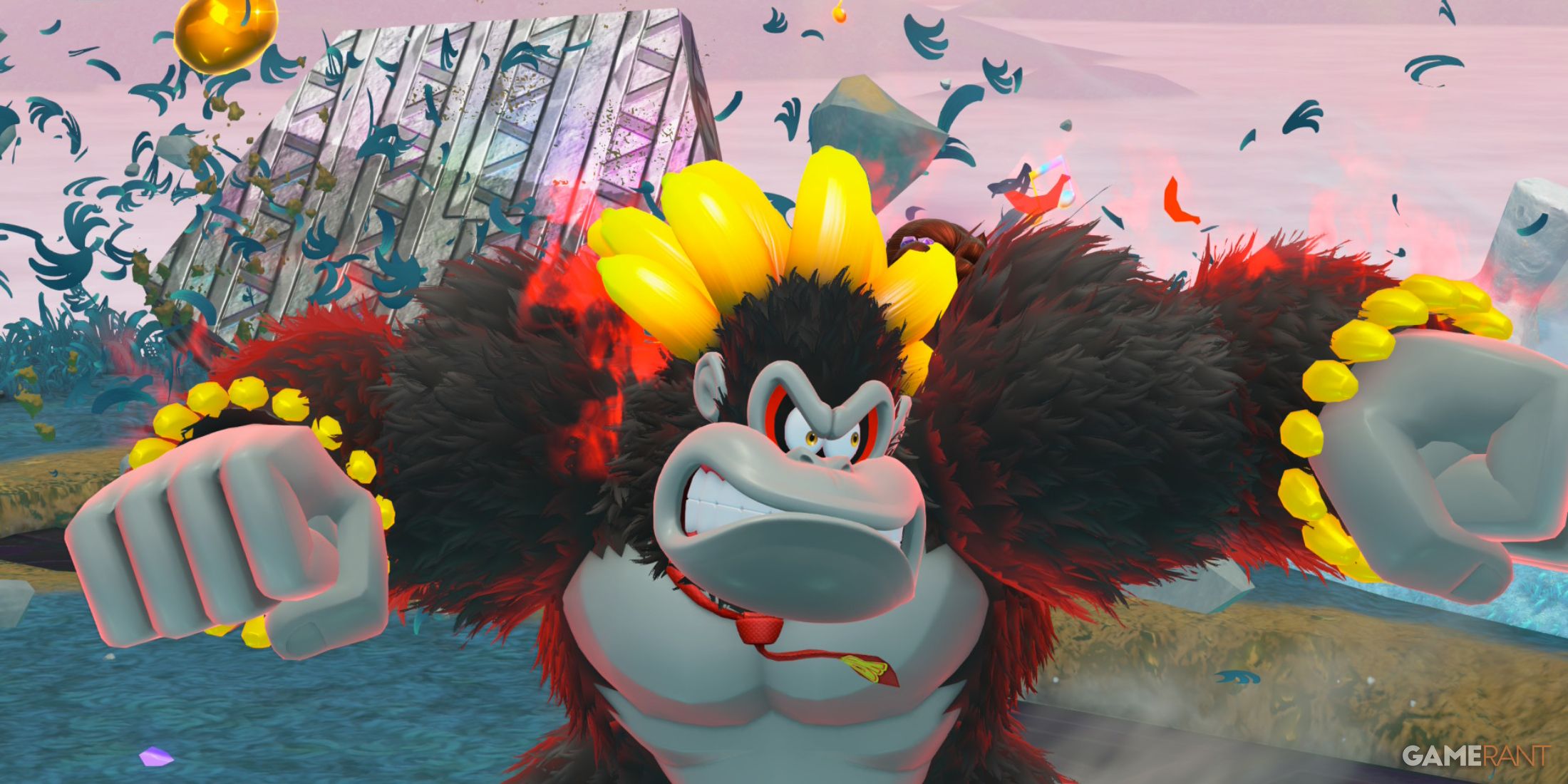 Donkey Kong transforms with black fur and golden bananas in DK Bananza