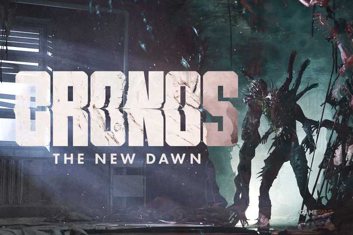 Cronos The New Dawn monster next to game logo 2x1 multi-environment composite window dark misty tunnel