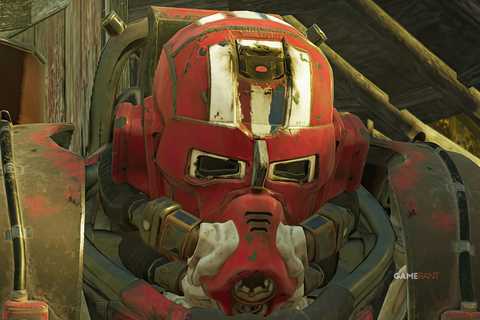 Fallout 76 red power armor close-up upscaled