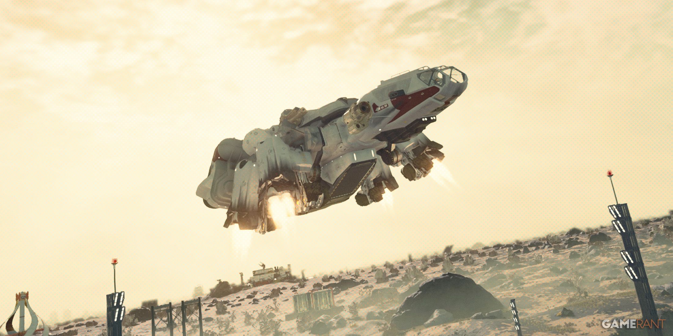 Starfield Frontier spacecraft ship landing on desert-like planet surface 2x1 screenshot