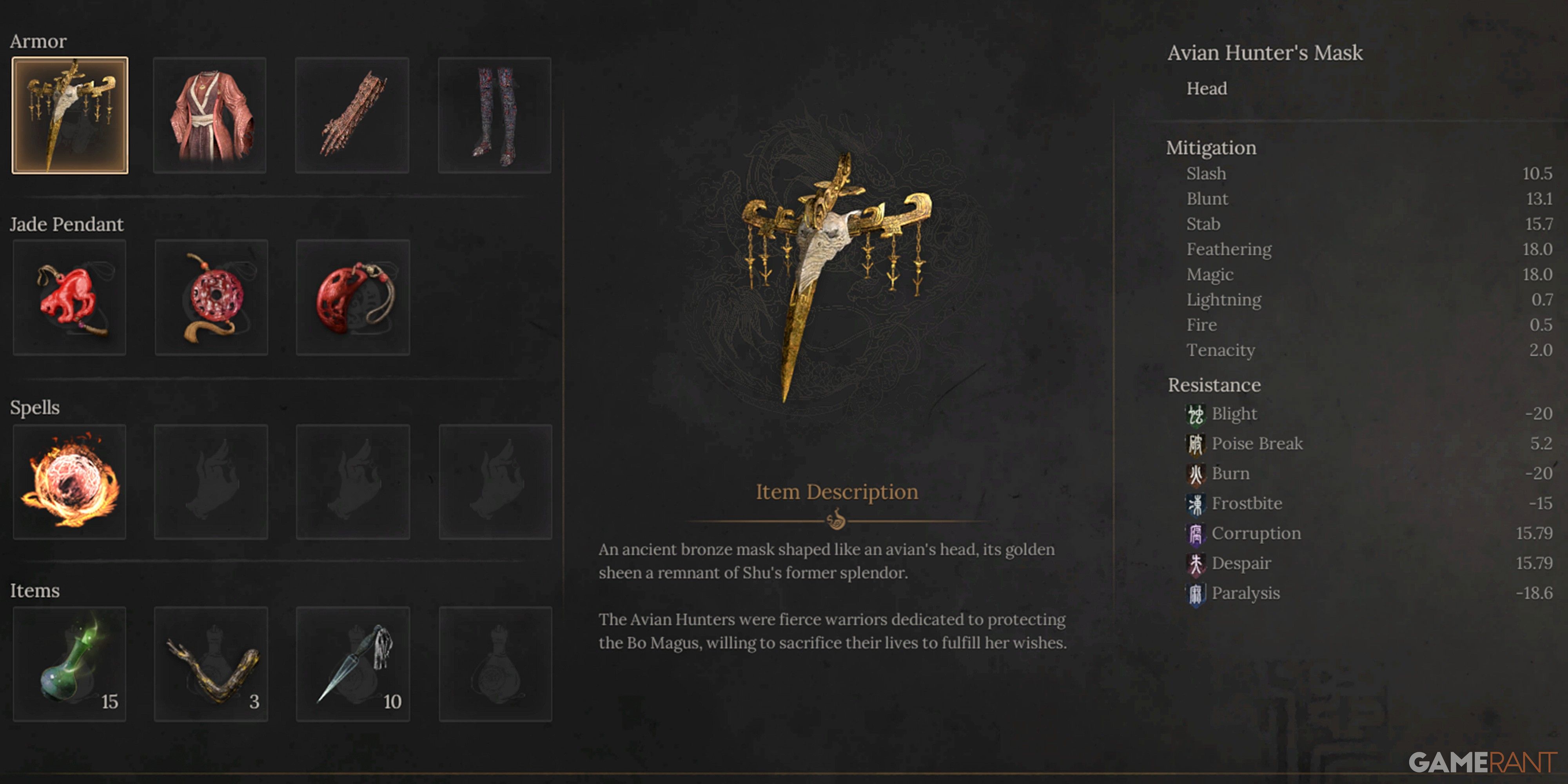 Wuchang Fallen Feathers Avian Hunter's Mask Armor Stats